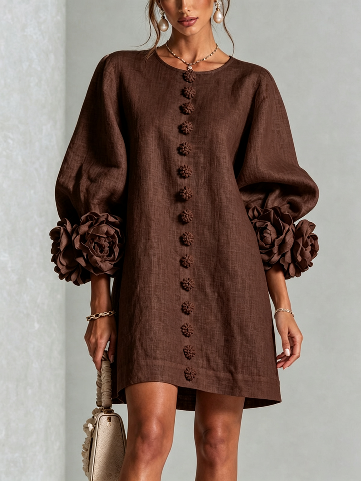 Bruna | Relaxed Mini Dress with Rose Cuffs, Chocolate Brown - Maison Léa &amp; Lou