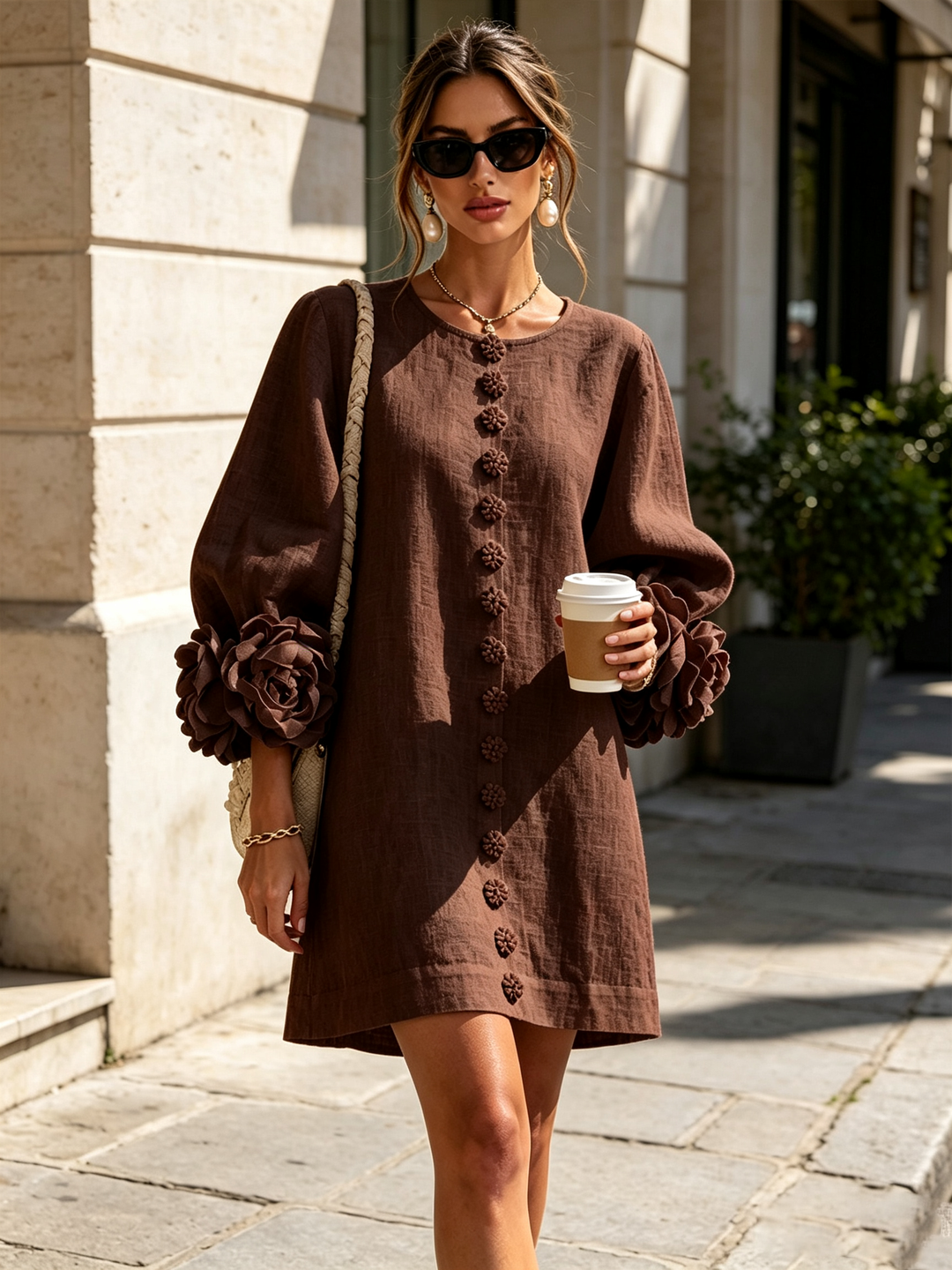Bruna | Relaxed Mini Dress with Rose Cuffs, Chocolate Brown - Maison Léa &amp; Lou