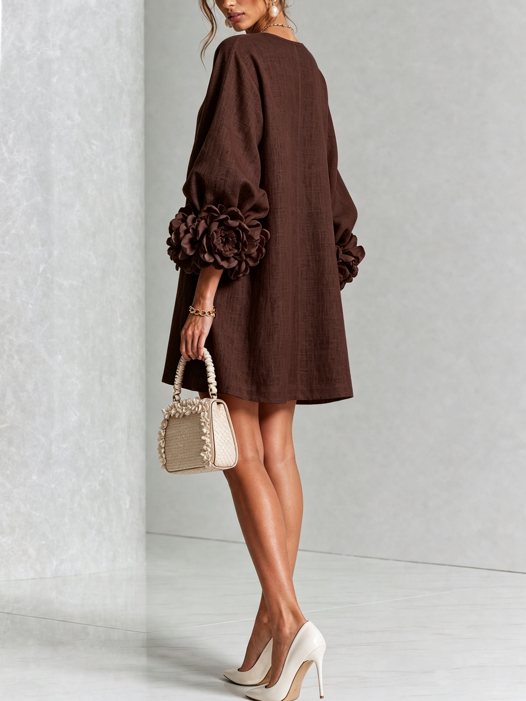 Bruna | Relaxed Mini Dress with Rose Cuffs, Chocolate Brown - Maison Léa &amp; Lou