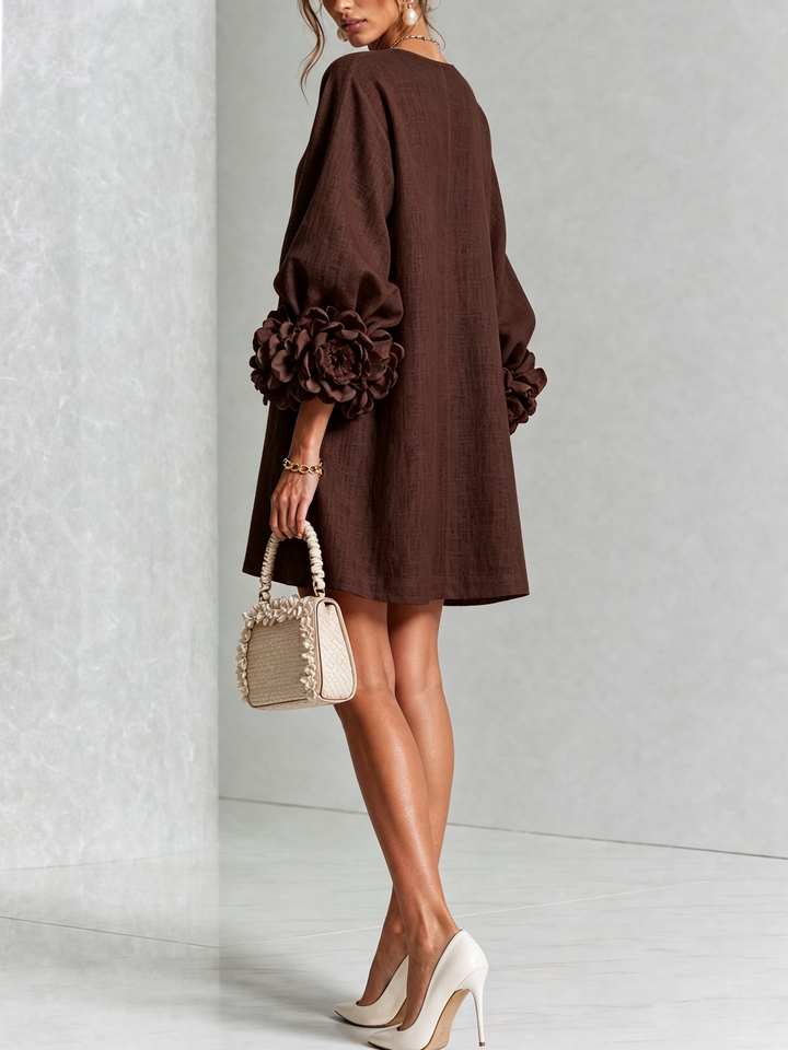 Bruna | Relaxed Mini Dress with Rose Cuffs, Chocolate Brown - Maison Léa &amp; Lou