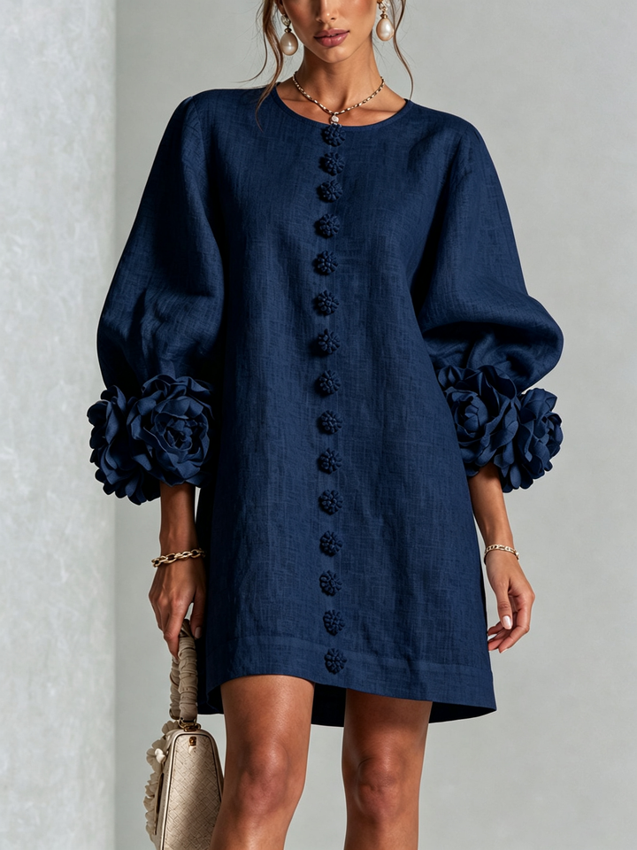 Marina | Relaxed Mini Dress with Rose Cuffs, Navy Blue - Maison Léa &amp; Lou