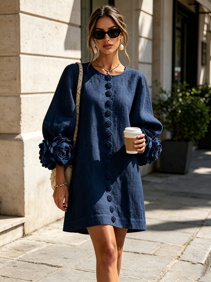 Marina | Relaxed Mini Dress with Rose Cuffs, Navy Blue - Maison Léa &amp; Lou
