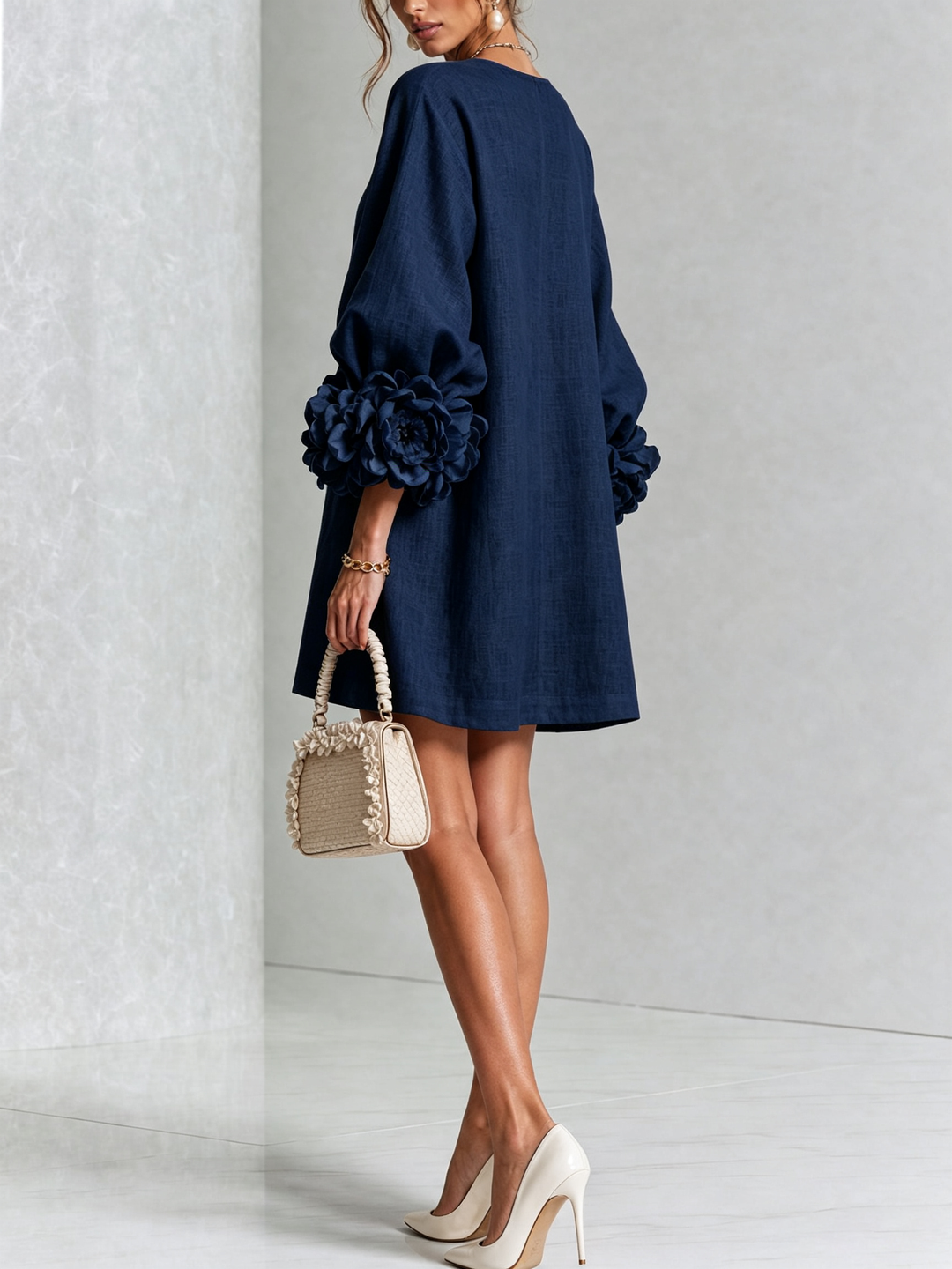 Marina | Relaxed Mini Dress with Rose Cuffs, Navy Blue - Maison Léa &amp; Lou