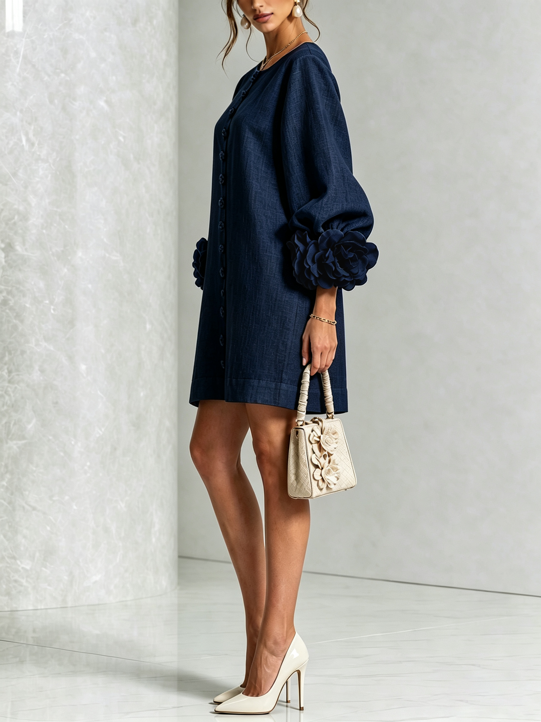 Marina | Relaxed Mini Dress with Rose Cuffs, Navy Blue - Maison Léa &amp; Lou