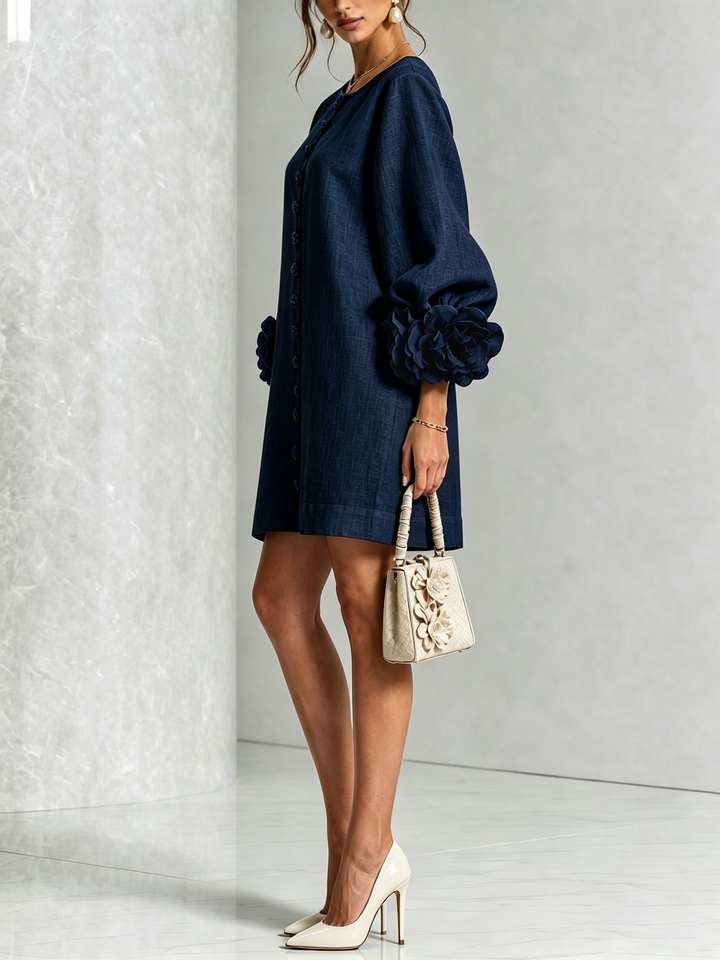 Marina | Relaxed Mini Dress with Rose Cuffs, Navy Blue - Maison Léa &amp; Lou