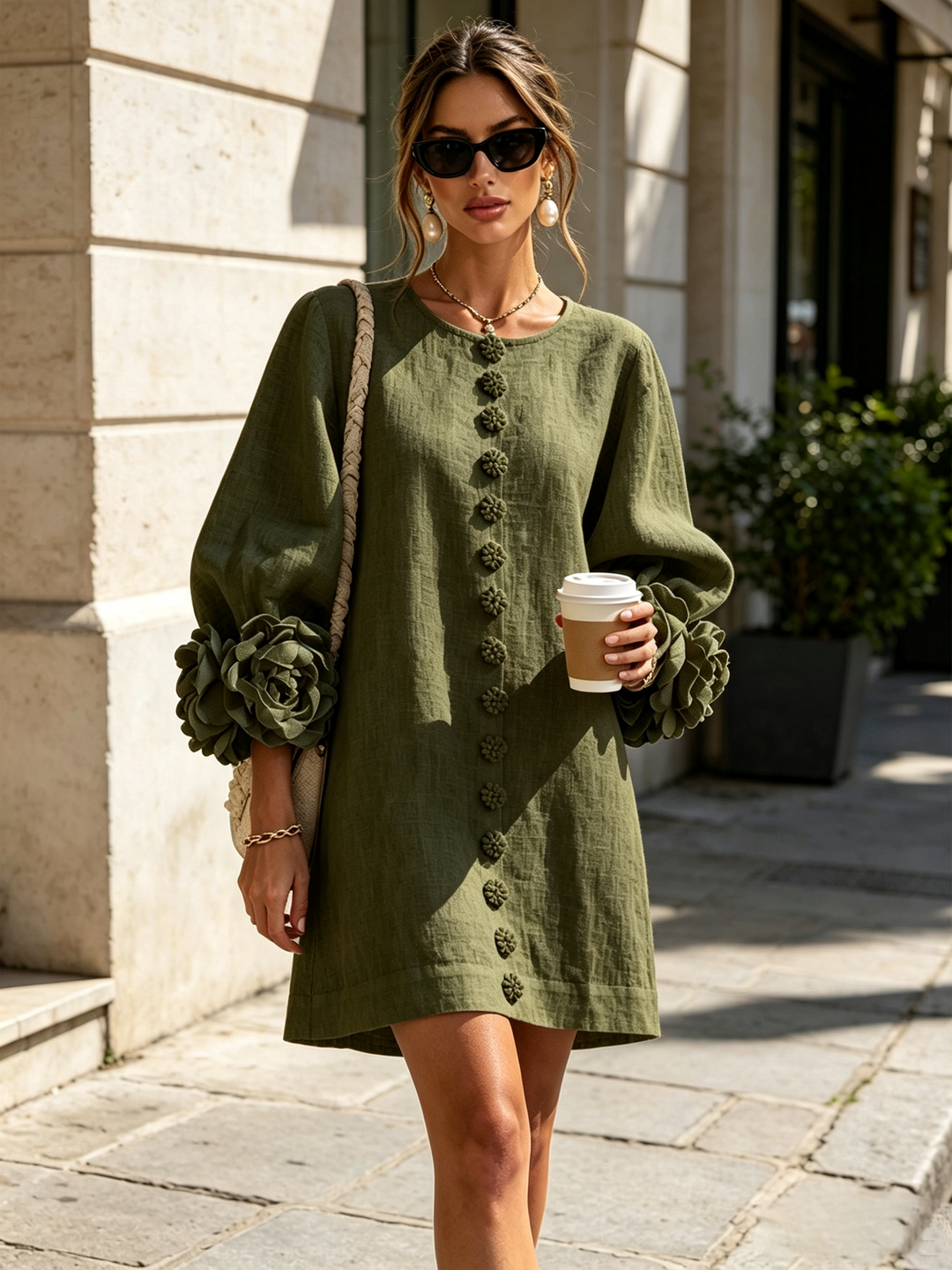 Gaia | Relaxed Mini Dress with Rose Cuffs, Olive Green - Maison Léa &amp; Lou