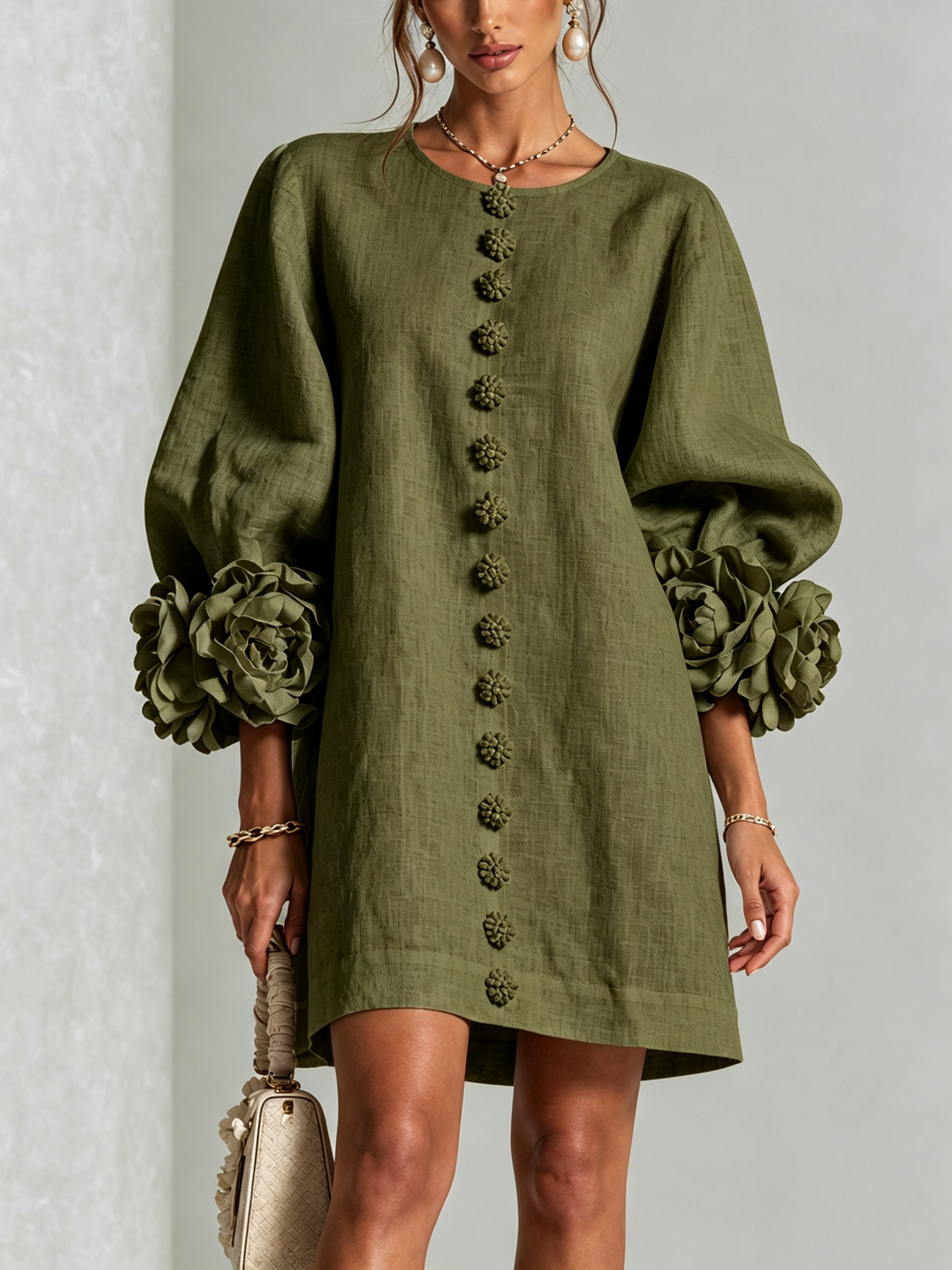 Gaia | Relaxed Mini Dress with Rose Cuffs, Olive Green - Maison Léa & Lou