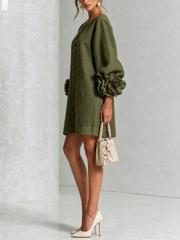 Gaia | Relaxed Mini Dress with Rose Cuffs, Olive Green - Maison Léa &amp; Lou