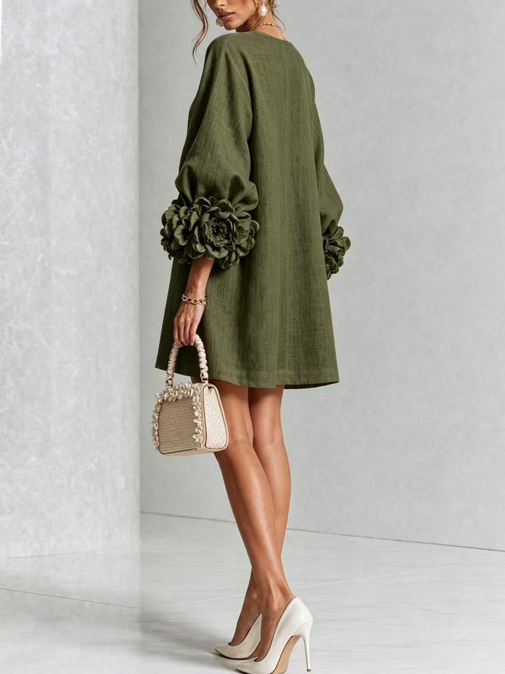 Gaia | Relaxed Mini Dress with Rose Cuffs, Olive Green - Maison Léa &amp; Lou