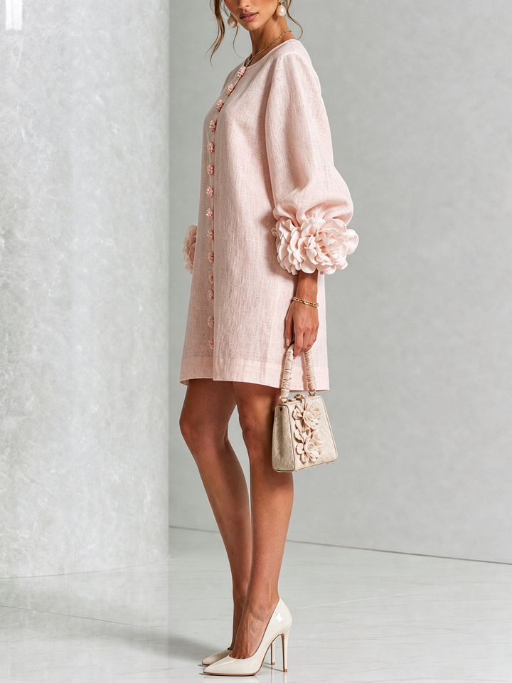 Noemi | Relaxed Mini Dress with Rose Cuffs, Pink - Maison Léa &amp; Lou