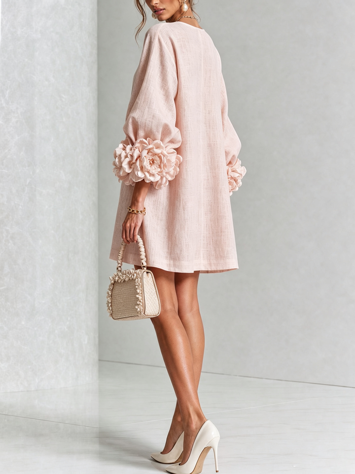 Noemi | Relaxed Mini Dress with Rose Cuffs, Pink - Maison Léa &amp; Lou