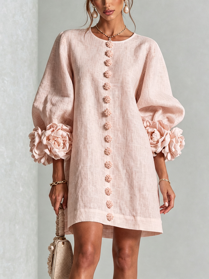 Noemi | Relaxed Mini Dress with Rose Cuffs, Pink - Maison Léa &amp; Lou