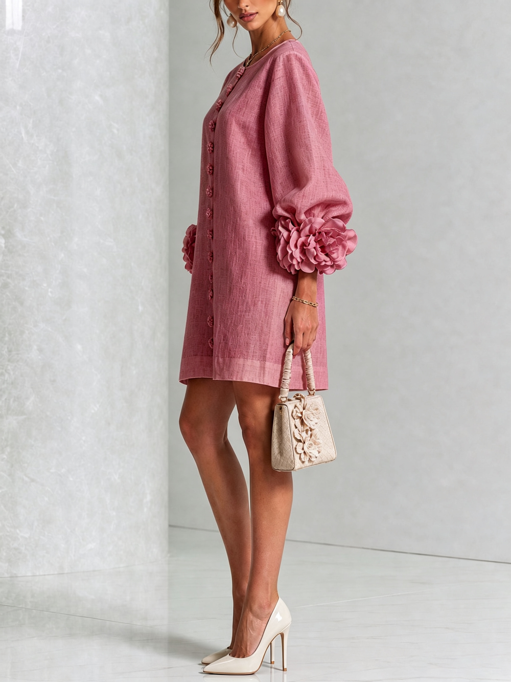 Alba | Relaxed Mini Dress with Rose Cuffs, Dusty Rose - Maison Léa & Lou