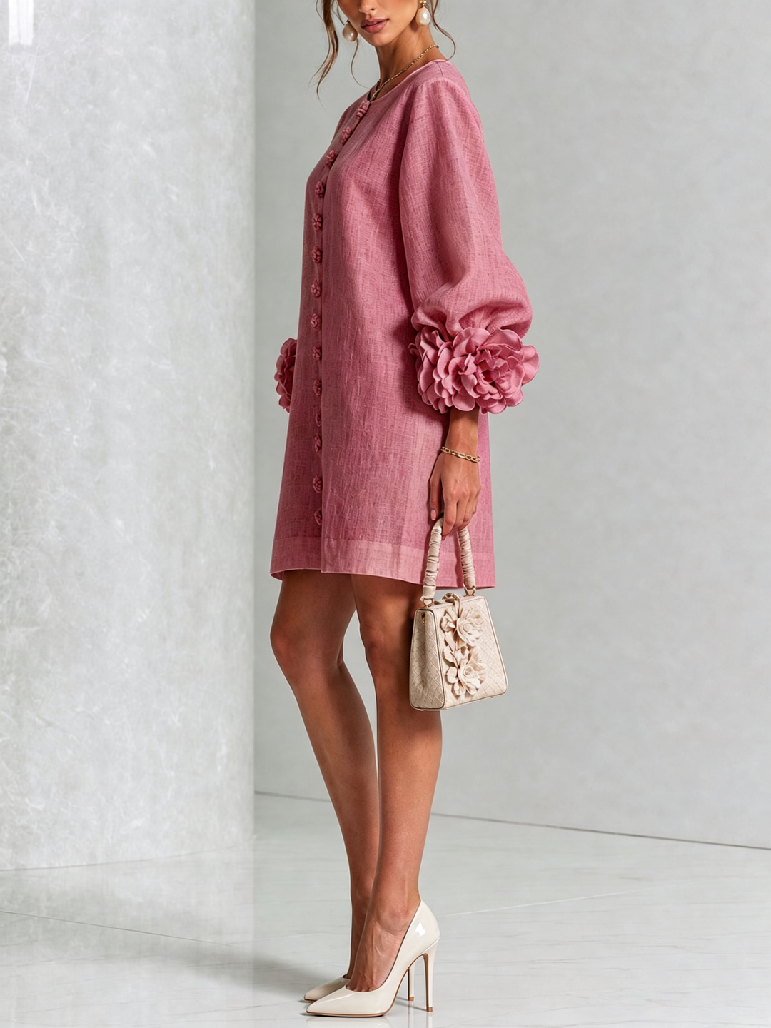 Alba | Relaxed Mini Dress with Rose Cuffs, Dusty Rose - Maison Léa &amp; Lou