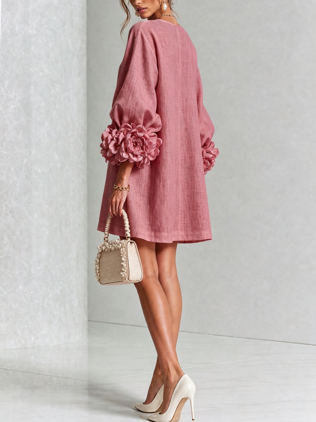 Alba | Relaxed Mini Dress with Rose Cuffs, Dusty Rose - Maison Léa &amp; Lou