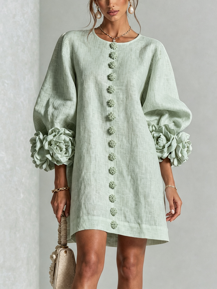 Delia | Relaxed Mini Dress with Rose Cuffs, Sage Green - Maison Léa &amp; Lou