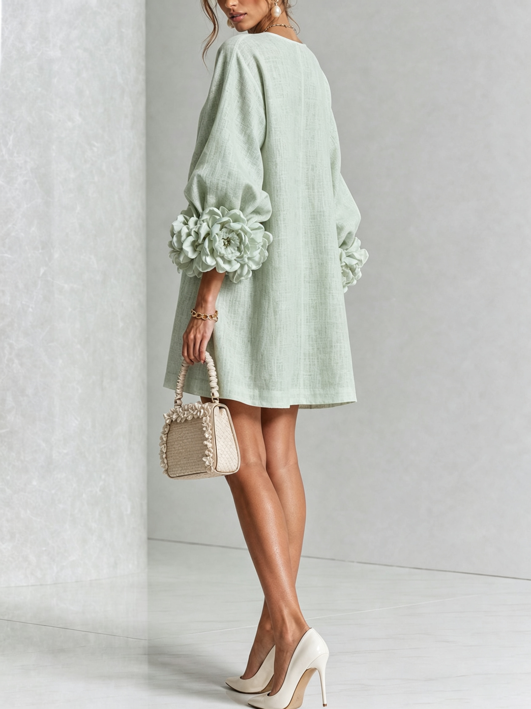 Delia | Relaxed Mini Dress with Rose Cuffs, Sage Green - Maison Léa &amp; Lou