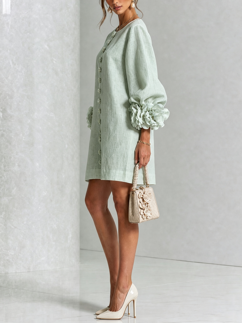 Delia | Relaxed Mini Dress with Rose Cuffs, Sage Green - Maison Léa & Lou
