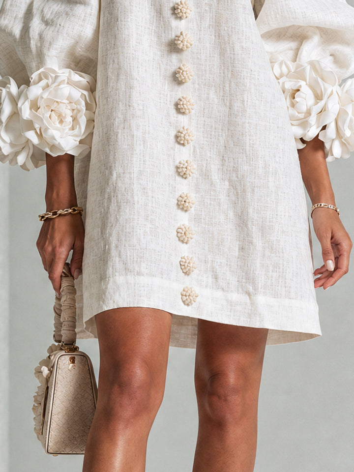 Chiara | Relaxed Mini Dress with Rose Cuffs, White - Maison Léa &amp; Lou