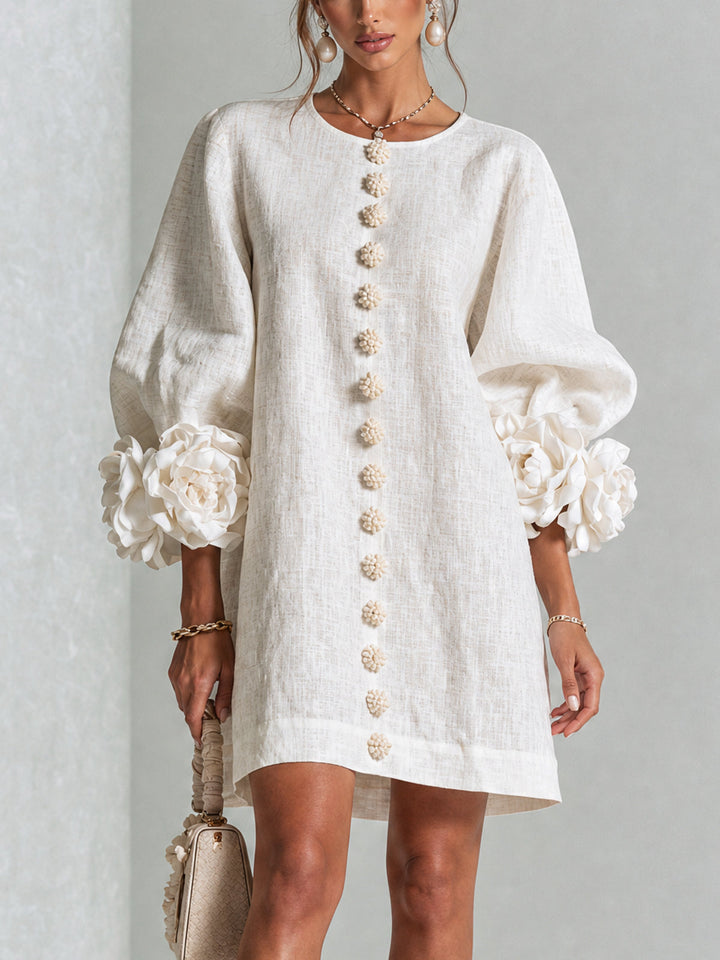 Chiara | Relaxed Mini Dress with Rose Cuffs, White - Maison Léa &amp; Lou