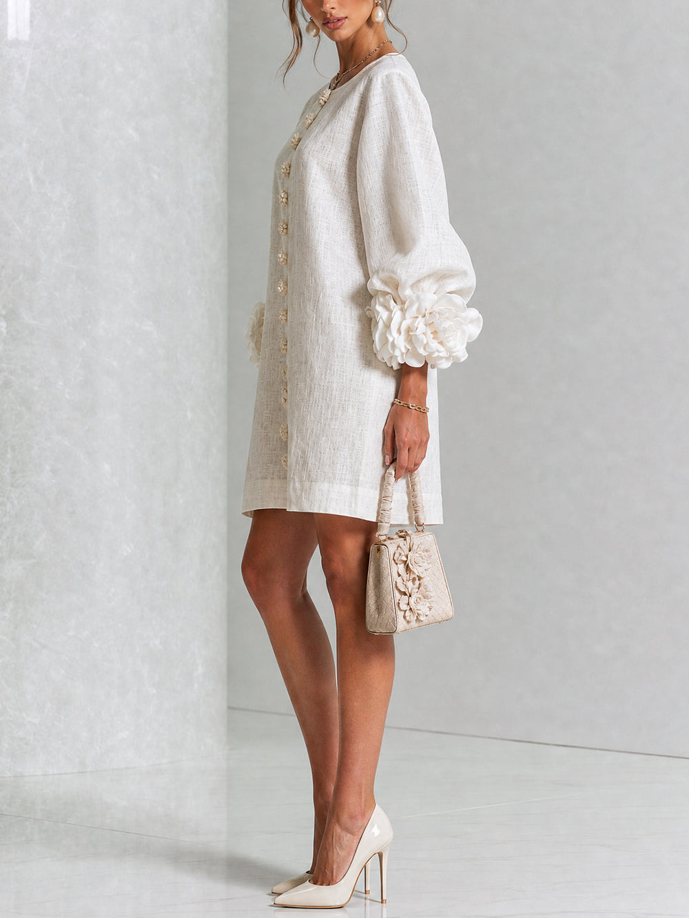 Chiara | Relaxed Mini Dress with Rose Cuffs, White - Maison Léa & Lou