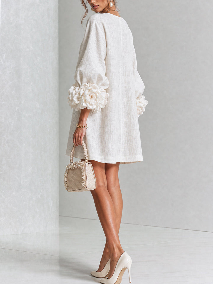 Chiara | Relaxed Mini Dress with Rose Cuffs, White - Maison Léa &amp; Lou
