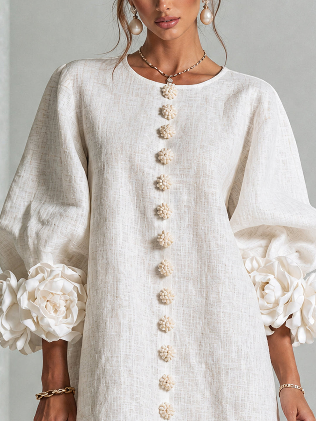 Chiara | Relaxed Mini Dress with Rose Cuffs, White - Maison Léa &amp; Lou