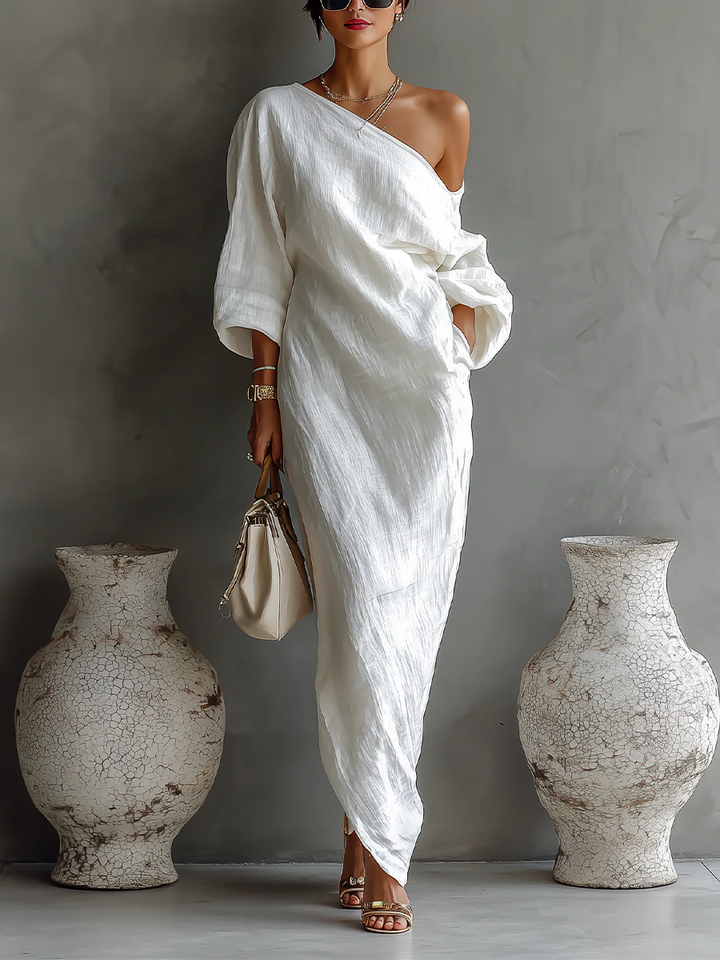 Elise™ | Maxi abito elegante monospalla in bianco