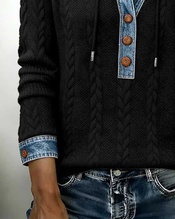 Sophie™ | Knit Hoodie with Denim Contrast - Maison Léa &amp; Lou