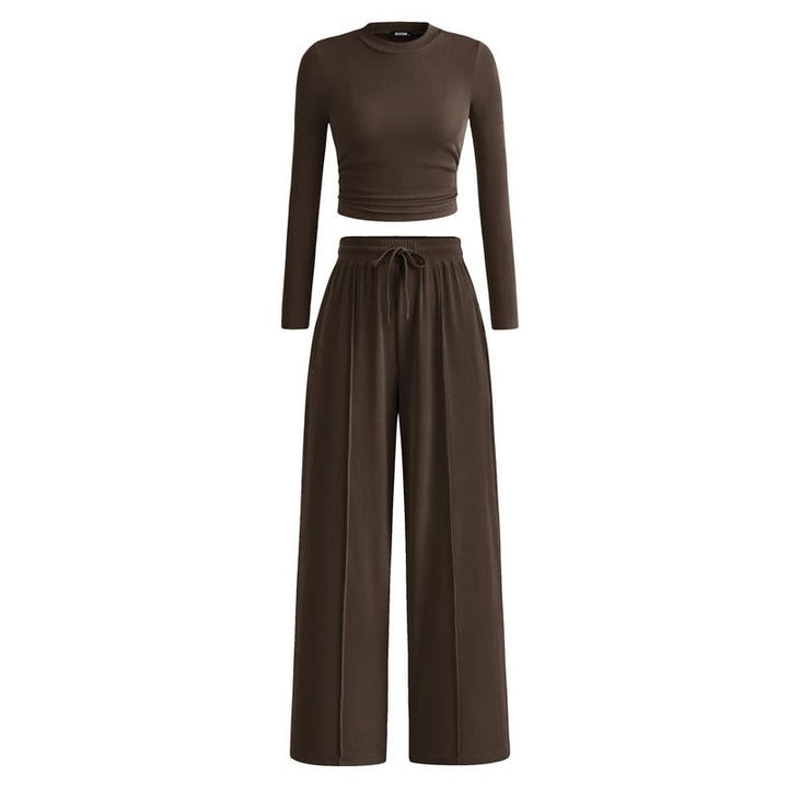MIRELA™ - Ribbed Knit Long Sleeve Crop Top and Matching Pants Set