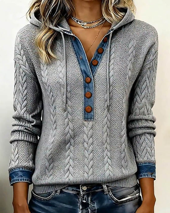 Sophie™ | Knit Hoodie with Denim Contrast - Maison Léa &amp; Lou