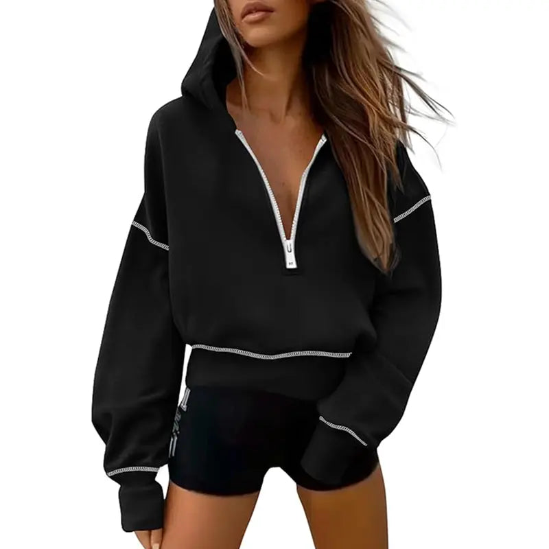 GRETEL™ - Stylish Hooded Sweatshirt with Zipper &amp; Stitching Detail for Cropped Pullover