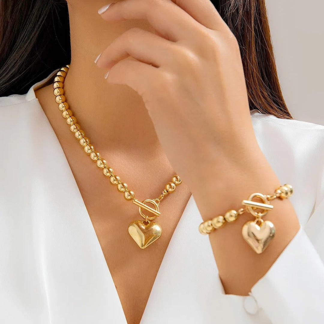 Set di bracciale e collana con pendente a cuore in perline da 2 pezzi