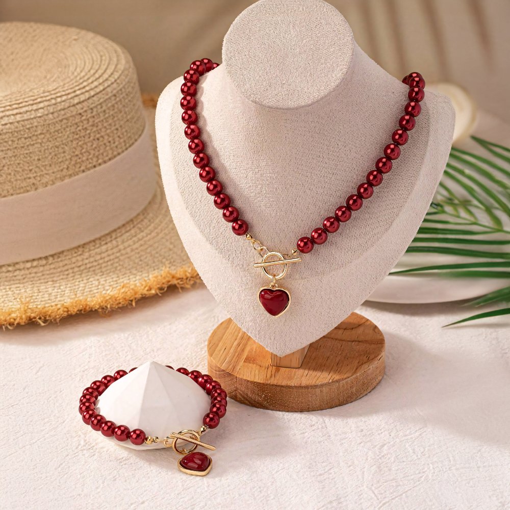 Set di bracciale e collana con pendente a cuore in perline da 2 pezzi