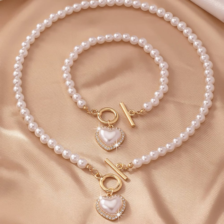 Set di bracciale e collana con pendente a cuore in perline da 2 pezzi