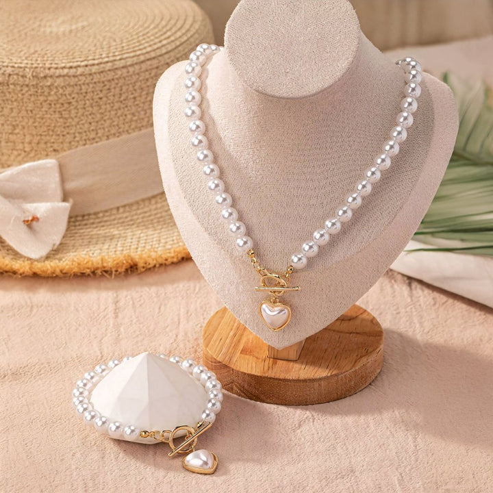 Set di bracciale e collana con pendente a cuore in perline da 2 pezzi