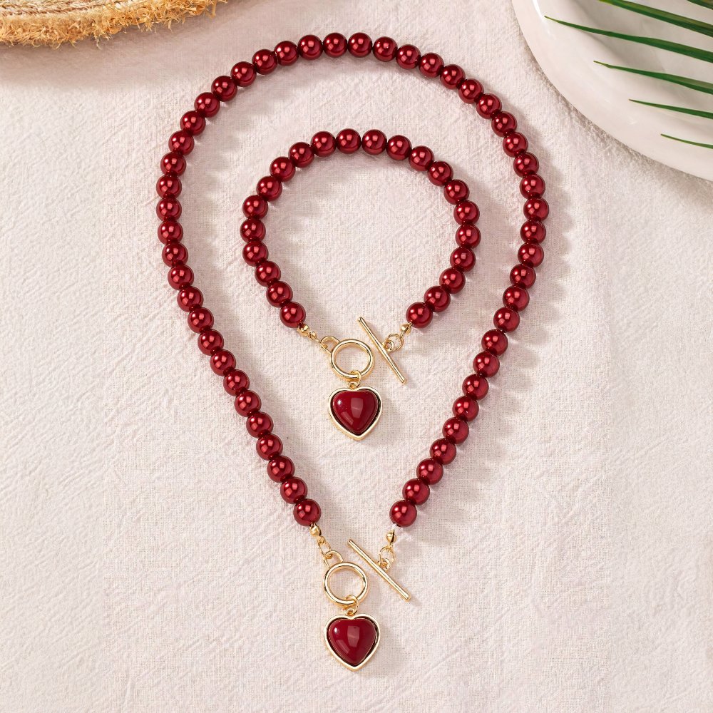 Set di bracciale e collana con pendente a cuore in perline da 2 pezzi