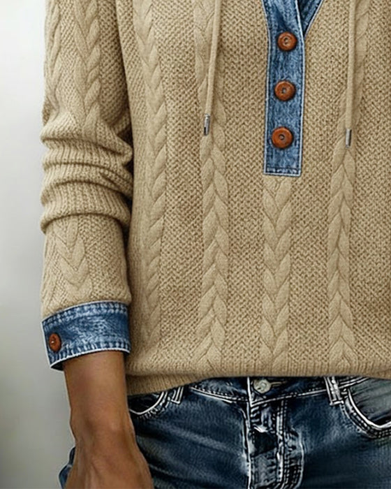 Sophie™ | Knit Hoodie with Denim Contrast - Maison Léa &amp; Lou