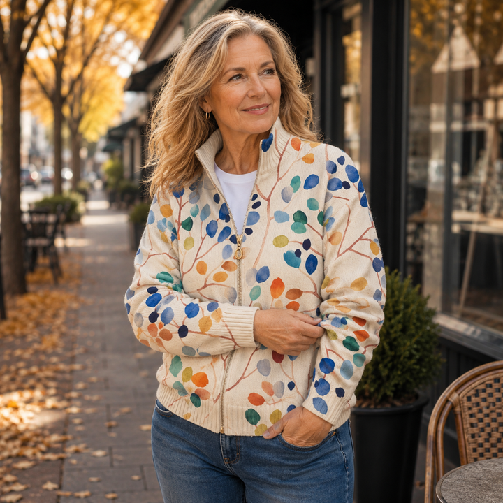 Imogene™ | Botanical Leaf Print Zip Cardigan - Maison Léa &amp; Lou