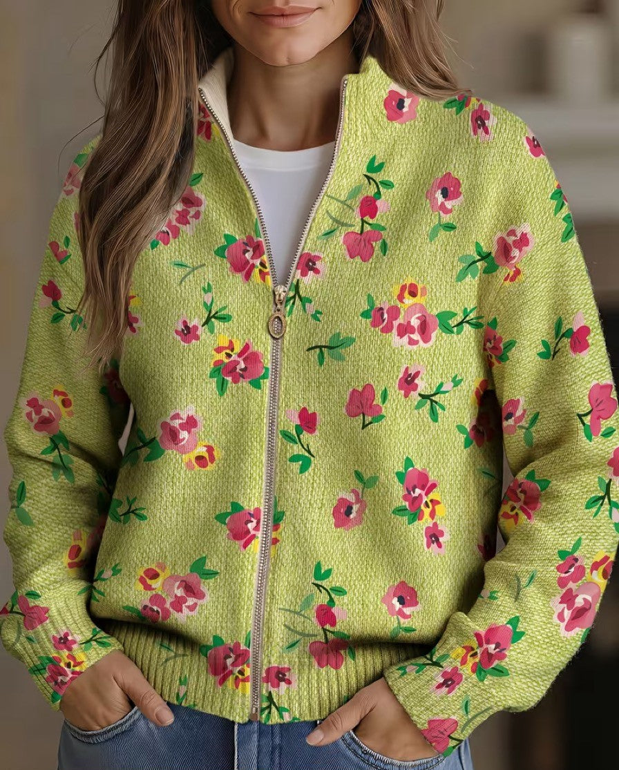 Constance™ | Pink Floral Lime Zip Cardigan - Maison Léa &amp; Lou