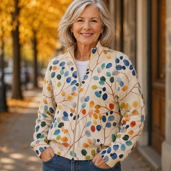 Imogene™ | Botanical Leaf Print Zip Cardigan - Maison Léa &amp; Lou