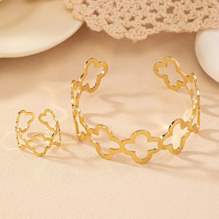 Set di Bracciale e Anello Regolabile a Quadrifoglio Aperto Delicato