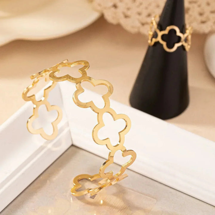 Set di Bracciale e Anello Regolabile a Quadrifoglio Aperto Delicato