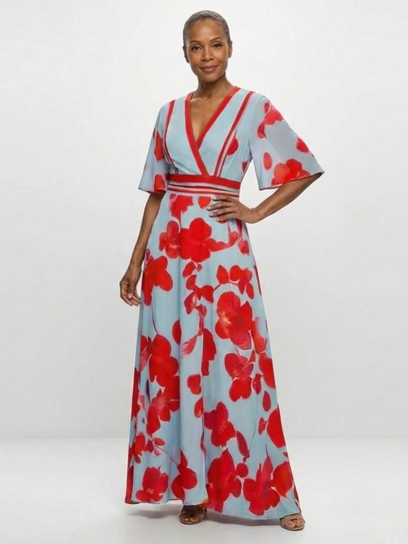 Corinne | V Neck Short Sleeve Floral Maxi Dress - Maison Léa &amp; Lou