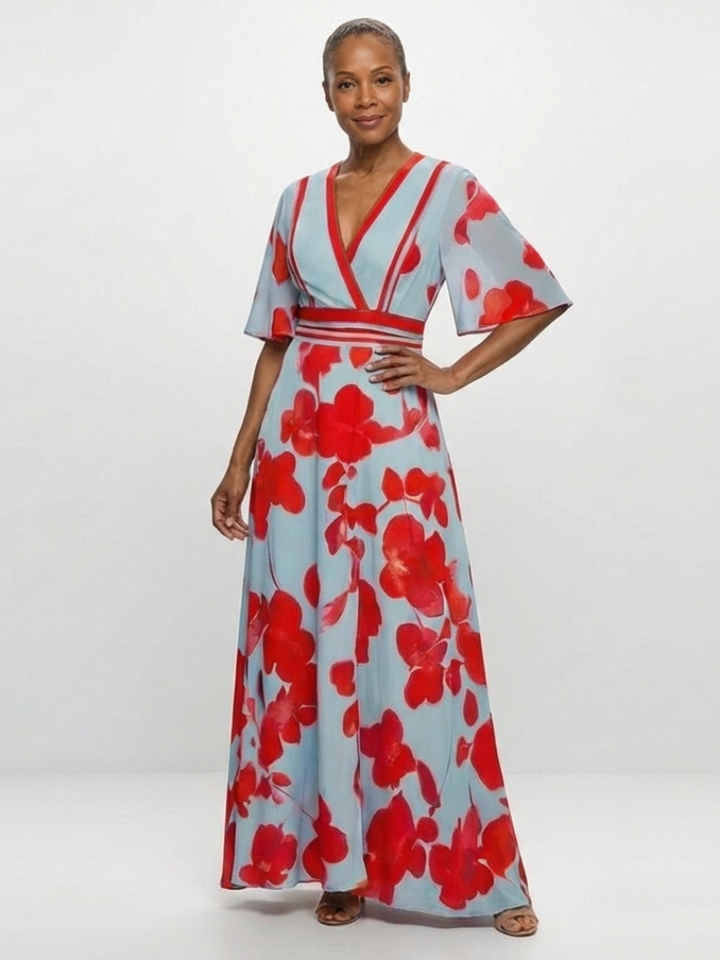 Corinne | V Neck Short Sleeve Floral Maxi Dress - Maison Léa &amp; Lou