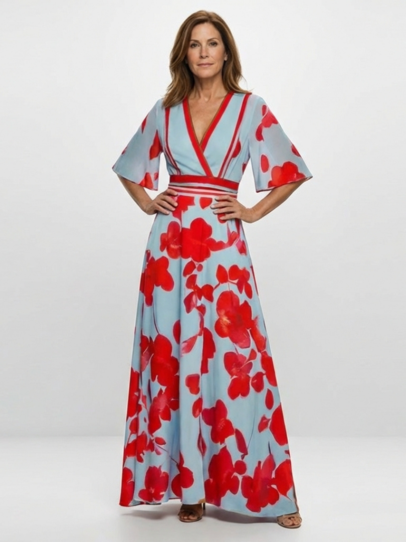 Corinne | V Neck Short Sleeve Floral Maxi Dress - Maison Léa & Lou