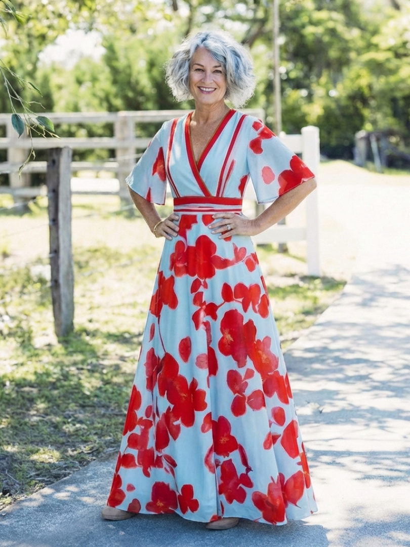 Corinne | V Neck Short Sleeve Floral Maxi Dress - Maison Léa &amp; Lou