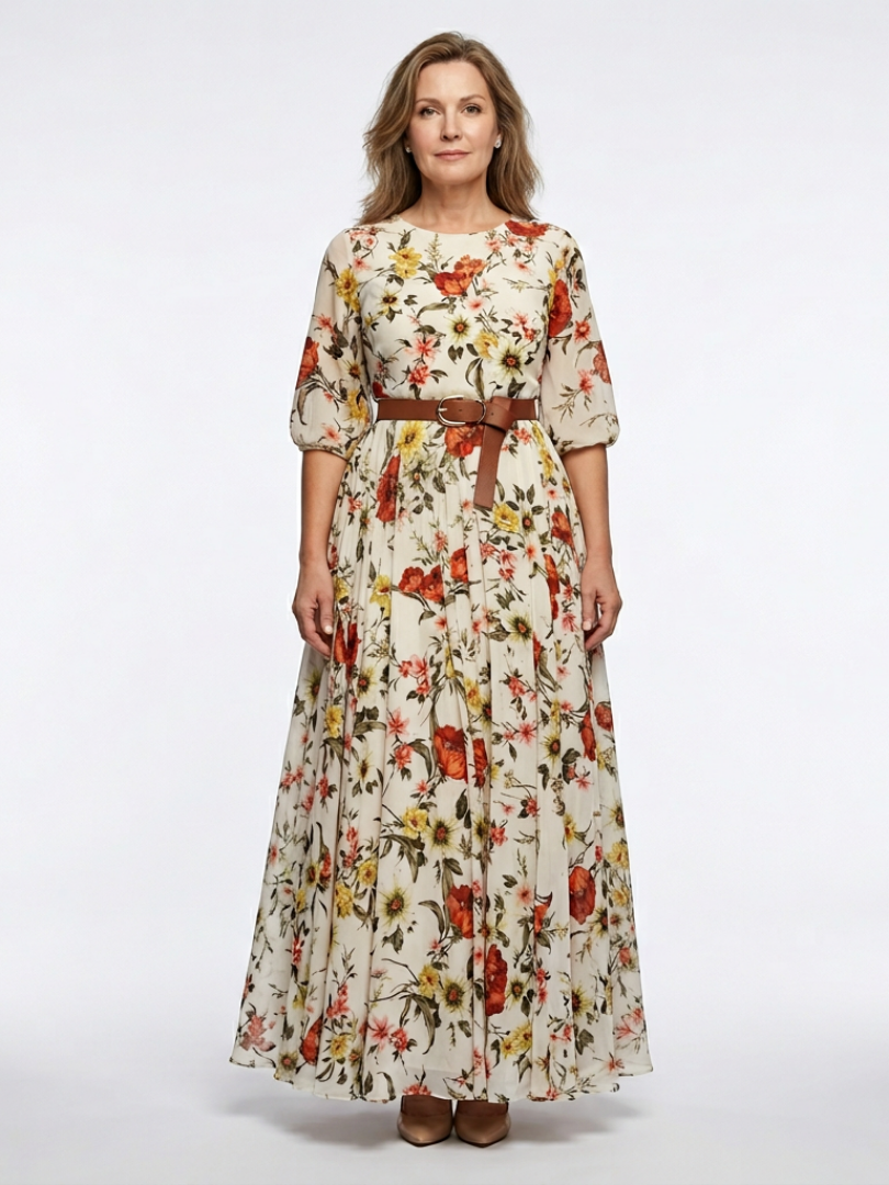 Odelia | Round Neck Three Quarter Sleeve Belted Maxi Dress - Maison Léa & Lou