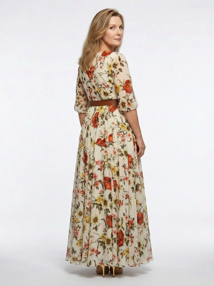 Odelia | Round Neck Three Quarter Sleeve Belted Maxi Dress - Maison Léa &amp; Lou
