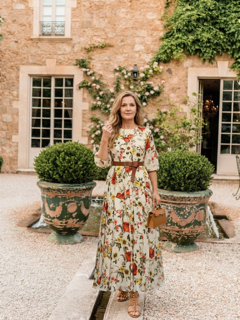 Odelia | Round Neck Three Quarter Sleeve Belted Maxi Dress - Maison Léa &amp; Lou